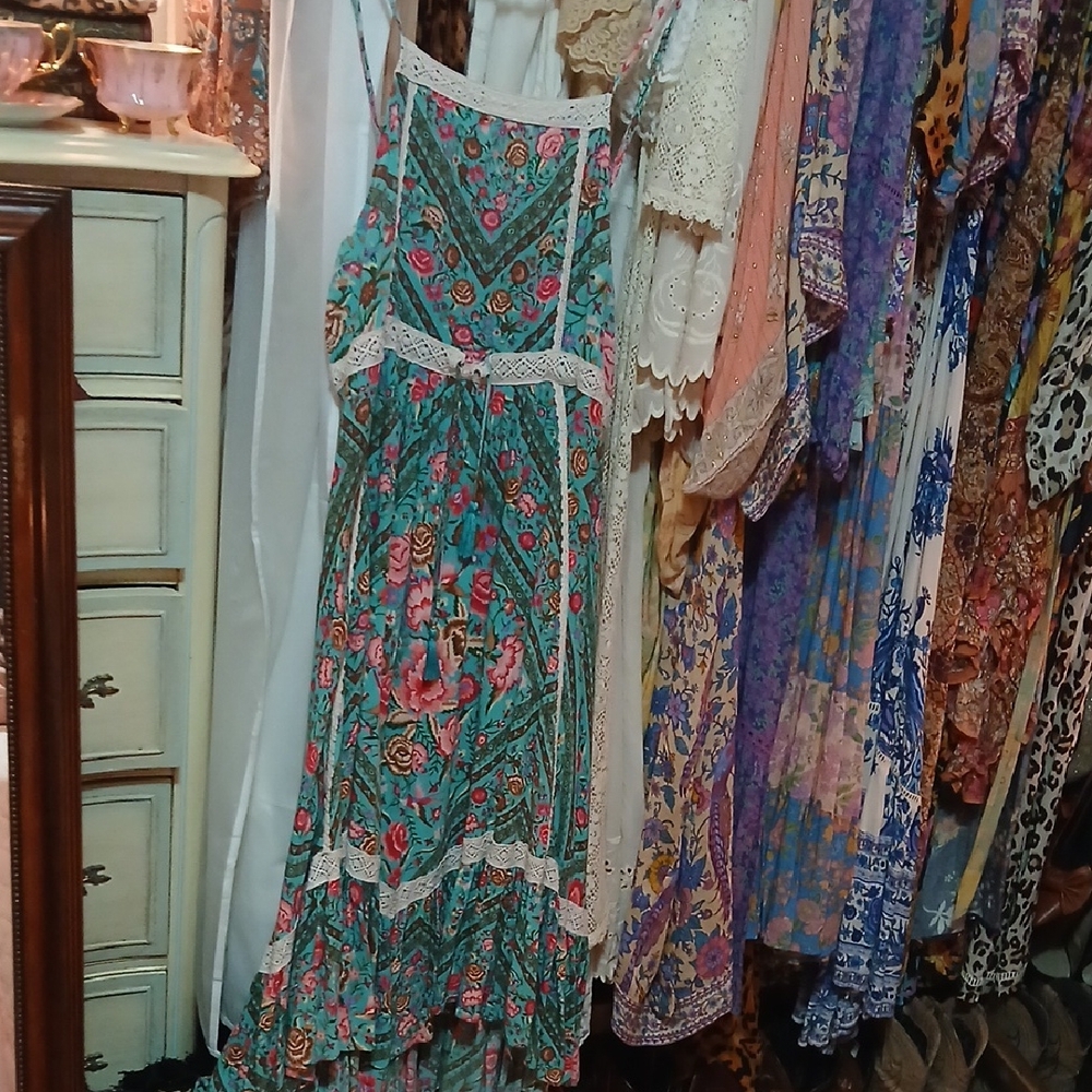 Spell Teal Floral Lace-Trim Maxi Dress